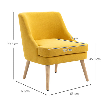 Chair Lounge Chair with Linen Look, Armrest, Upholstered Recliner with Wooden Legs, for Living Room, Bedroom, Yellow