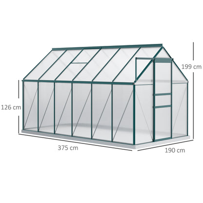 Polycarbonate Garden Greenhouse 190x375x199cm, with Openable Window and Sliding Door, Aluminum Frame, Green