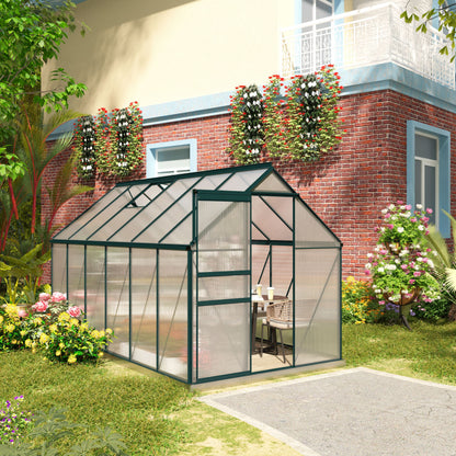 Polycarbonate Garden Greenhouse 190x375x199cm, with Openable Window and Sliding Door, Aluminum Frame, Green