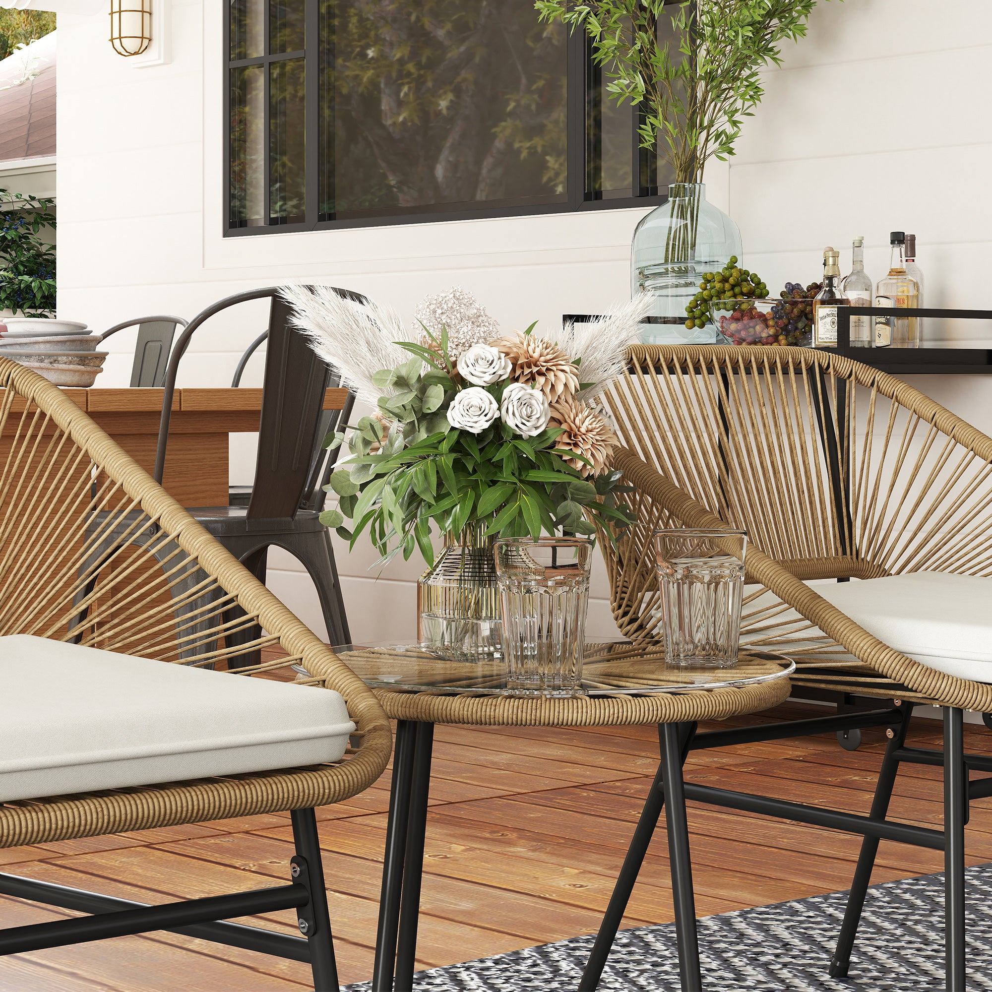 3-Piece Garden Set in PE Rattan and Steel, 2 Chairs with Cushions and Cylindrical Coffee Table with Glass Top, Balcony Furniture Set for Patio and Yard, Wood Color