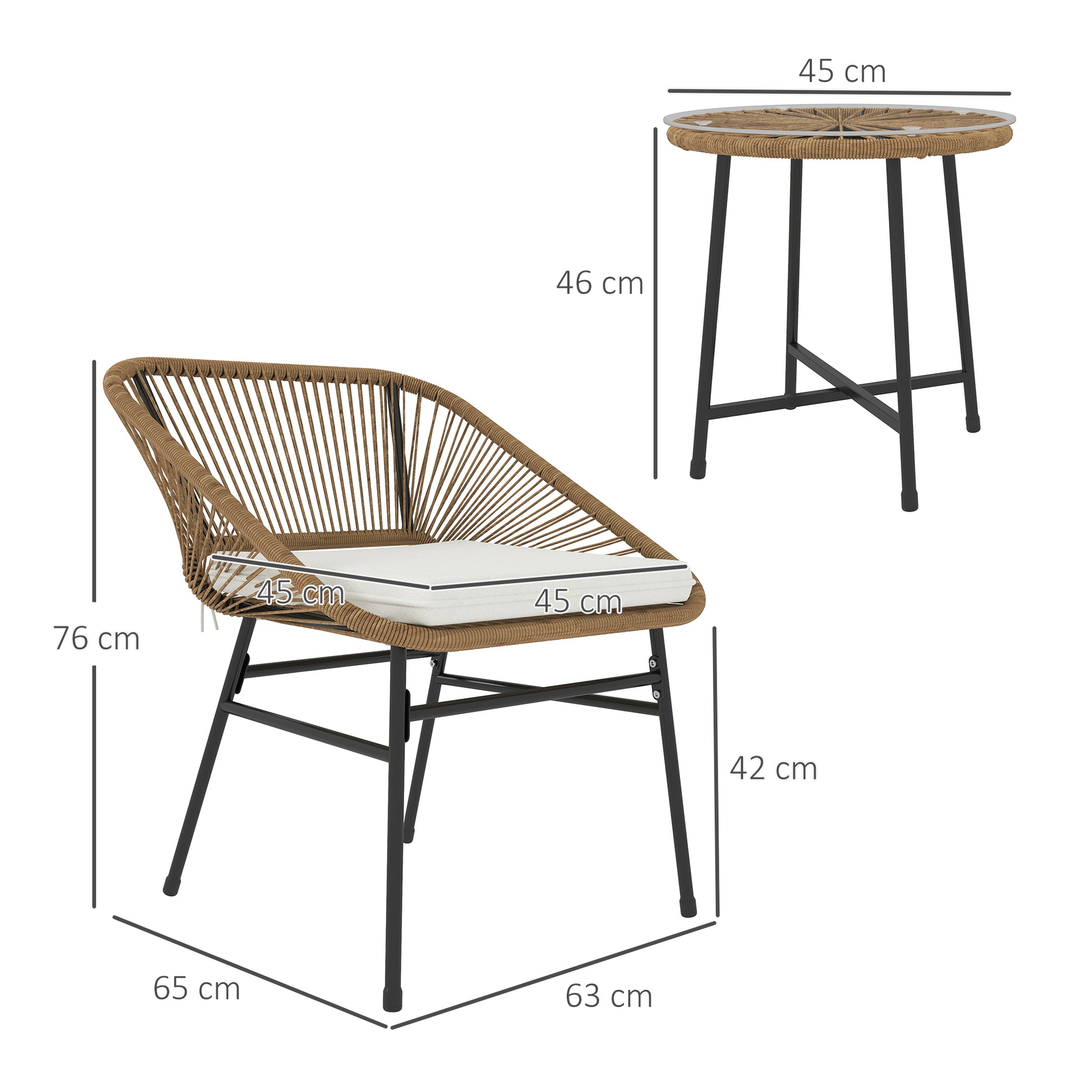3-Piece Garden Set in PE Rattan and Steel, 2 Chairs with Cushions and Cylindrical Coffee Table with Glass Top, Balcony Furniture Set for Patio and Yard, Wood Color