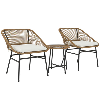 3-Piece Garden Set in PE Rattan and Steel, 2 Chairs with Cushions and Cylindrical Coffee Table with Glass Top, Balcony Furniture Set for Patio and Yard, Wood Color