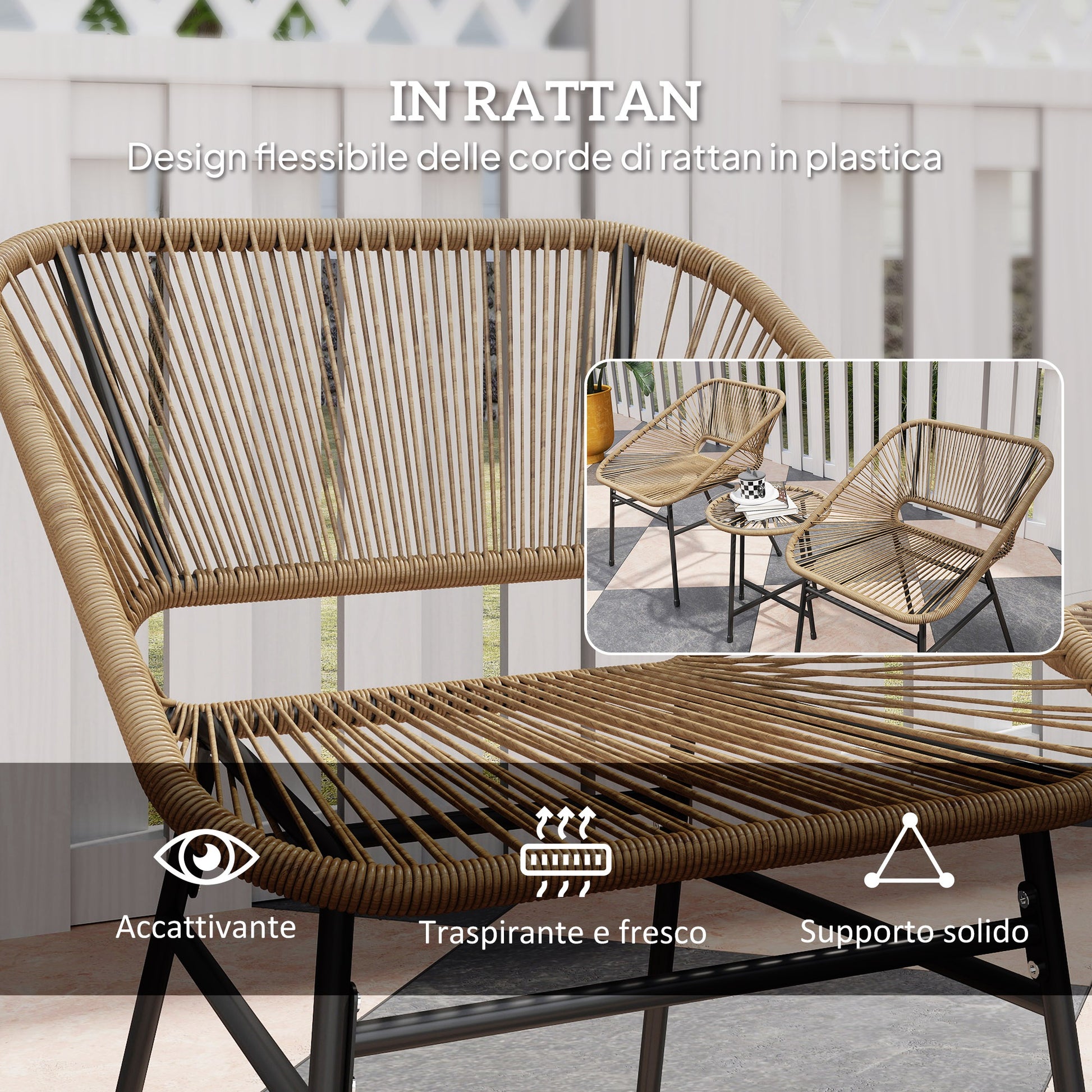 3-Piece Garden Set in PE Rattan and Steel, 2 Chairs with Cushions and Cylindrical Coffee Table with Glass Top, Balcony Furniture Set for Patio and Yard, Wood Color