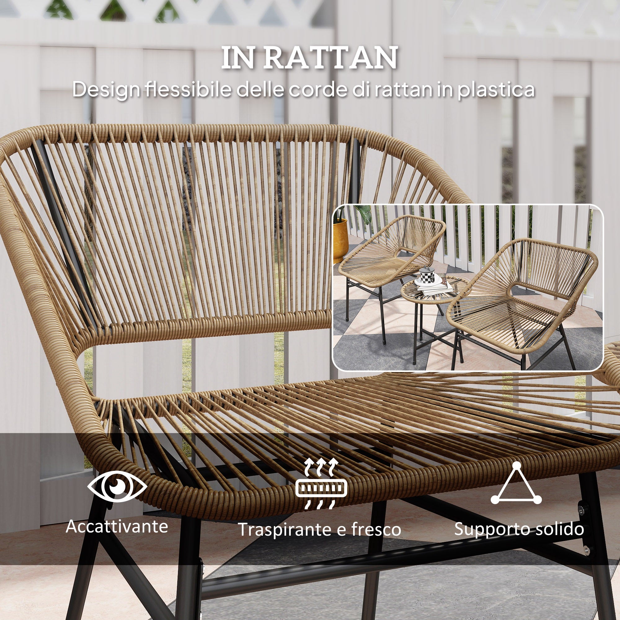 3-Piece Garden Set in PE Rattan and Steel, 2 Chairs with Cushions and Cylindrical Coffee Table with Glass Top, Balcony Furniture Set for Patio and Yard, Wood Color