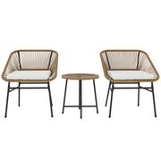 3-Piece Garden Set in PE Rattan and Steel, 2 Chairs with Cushions and Cylindrical Coffee Table with Glass Top, Balcony Furniture Set for Patio and Yard, Wood Color