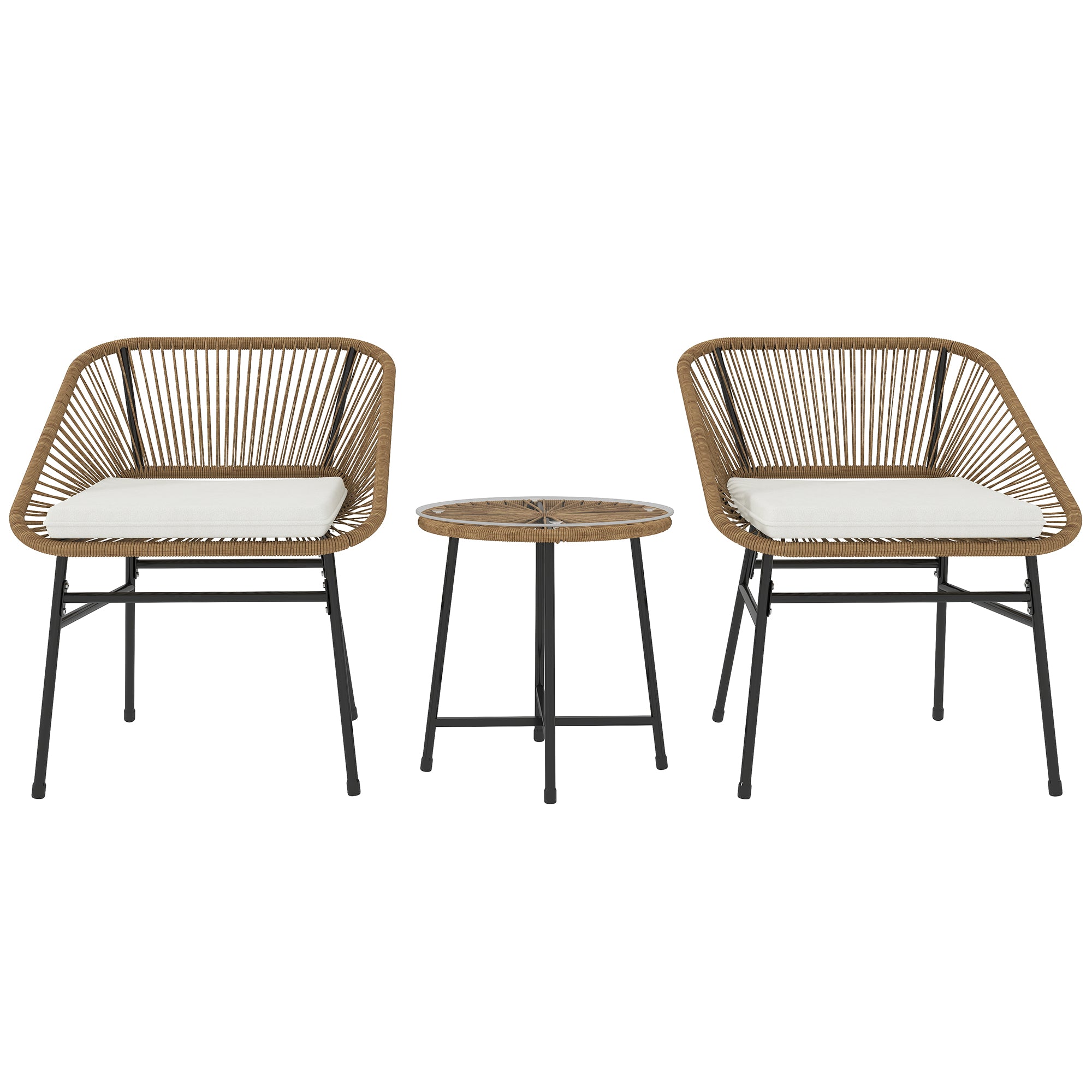 3-Piece Garden Set in PE Rattan and Steel, 2 Chairs with Cushions and Cylindrical Coffee Table with Glass Top, Balcony Furniture Set for Patio and Yard, Wood Color