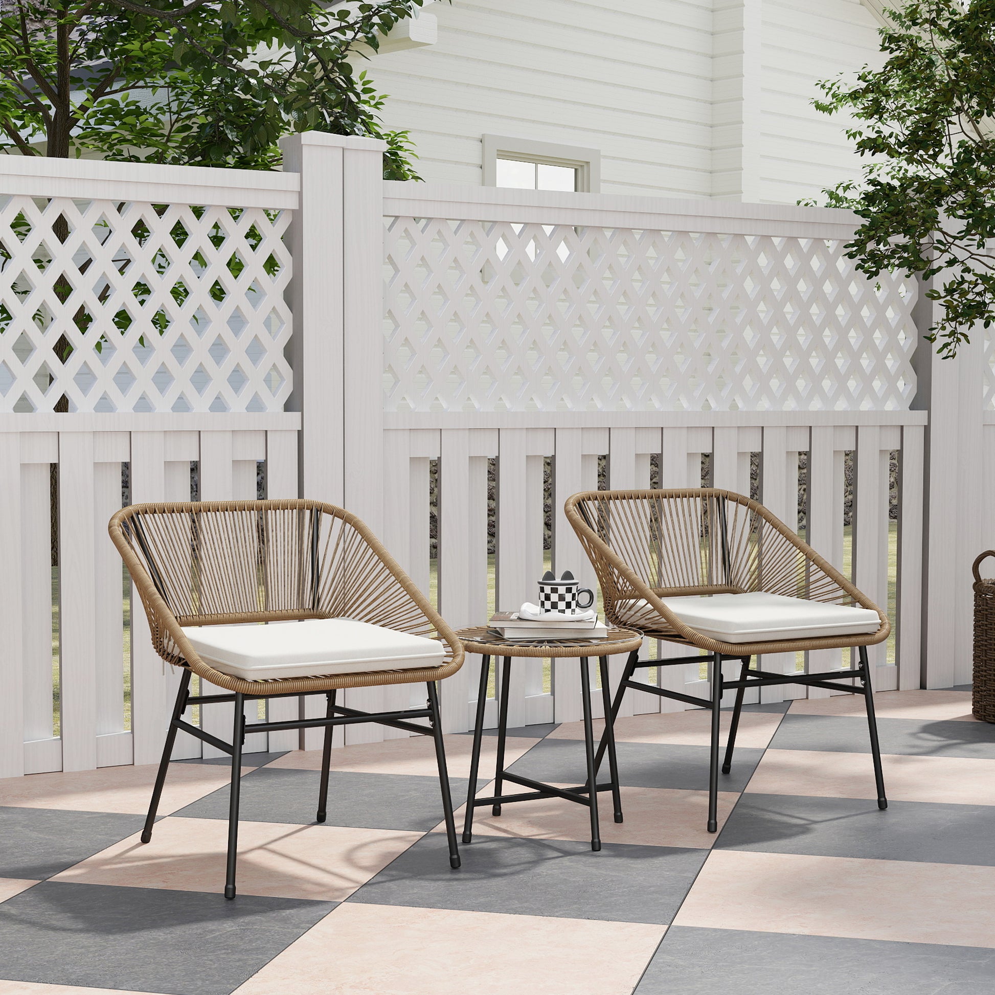 3-Piece Garden Set in PE Rattan and Steel, 2 Chairs with Cushions and Cylindrical Coffee Table with Glass Top, Balcony Furniture Set for Patio and Yard, Wood Color