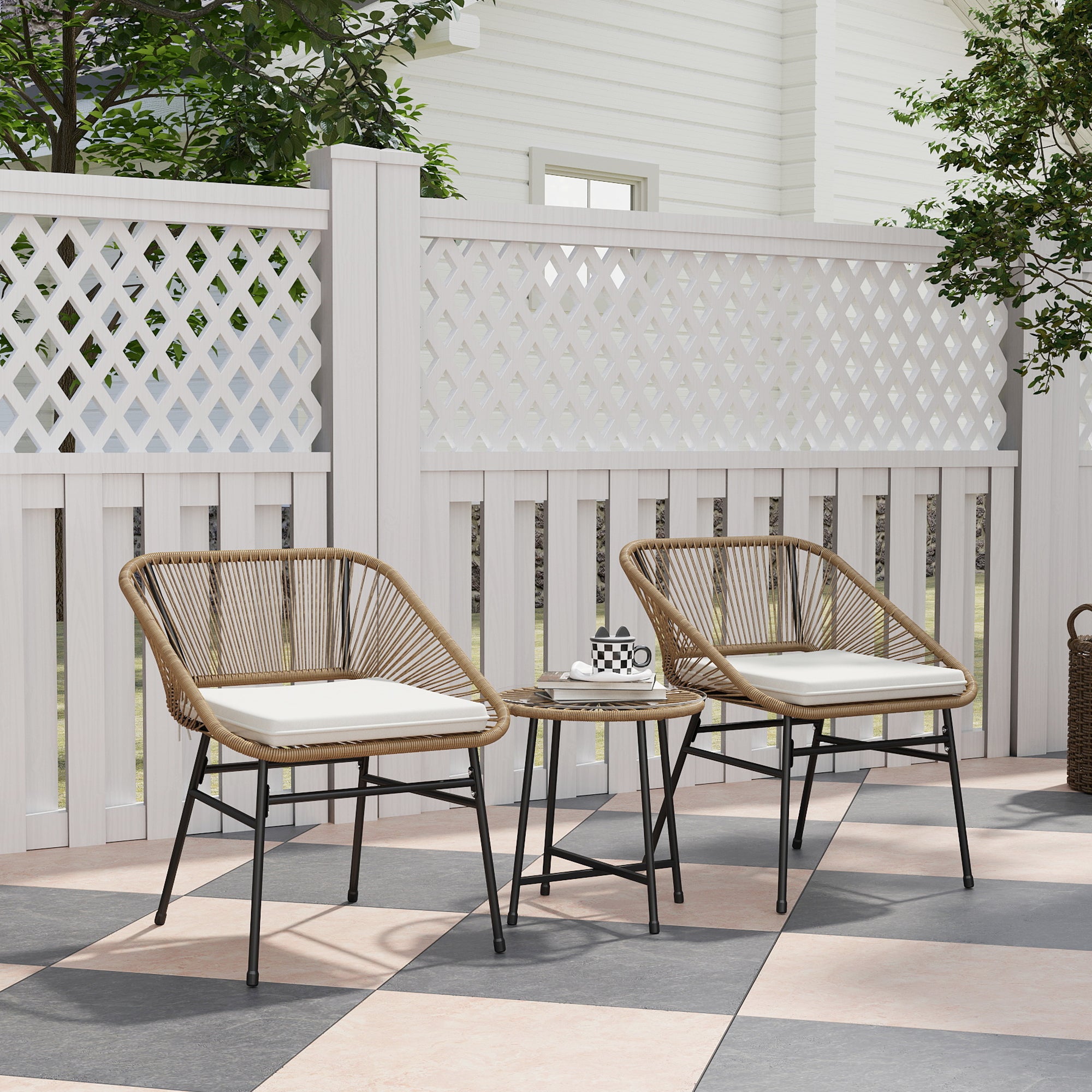 3-Piece Garden Set in PE Rattan and Steel, 2 Chairs with Cushions and Cylindrical Coffee Table with Glass Top, Balcony Furniture Set for Patio and Yard, Wood Color