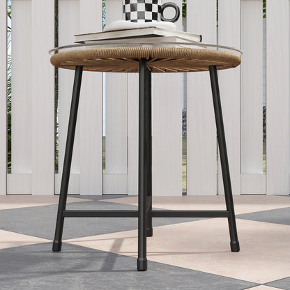 3-Piece Garden Set in PE Rattan and Steel, 2 Chairs with Cushions and Cylindrical Coffee Table with Glass Top, Balcony Furniture Set for Patio and Yard, Wood Color