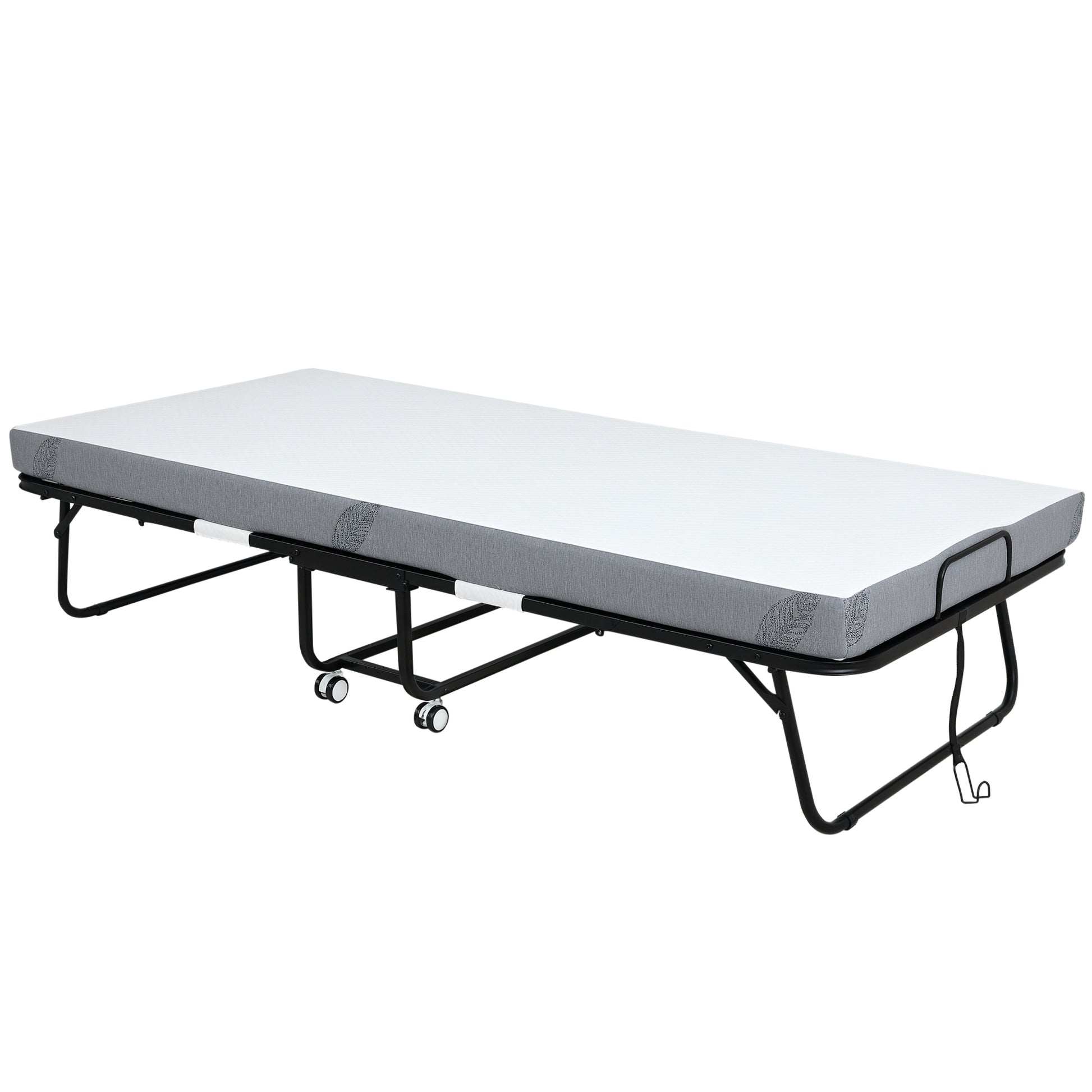 Folding Bed 200x90x42.5 cm Portable Camping Bed with Single Mattress Wheels and Brakes Load 150 kg for Bedroom Living Room Office White