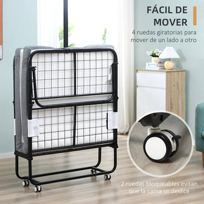 Folding Bed 200x90x42.5 cm Portable Camping Bed with Single Mattress Wheels and Brakes Load 150 kg for Bedroom Living Room Office White