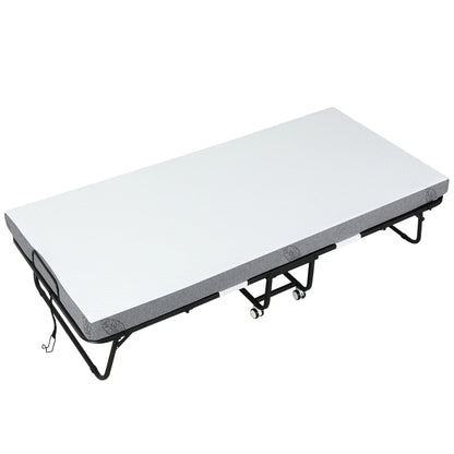 Folding Bed 200x90x42.5 cm Portable Camping Bed with Single Mattress Wheels and Brakes Load 150 kg for Bedroom Living Room Office White