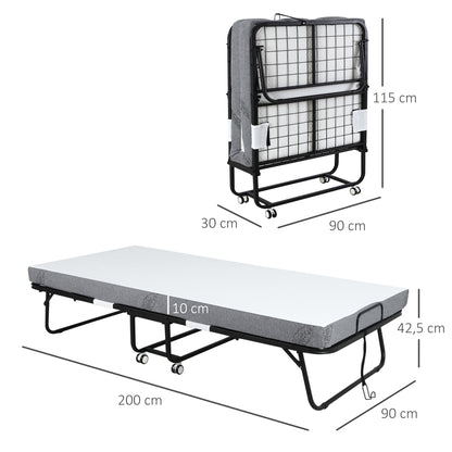 Folding Bed 200x90x42.5 cm Portable Camping Bed with Single Mattress Wheels and Brakes Load 150 kg for Bedroom Living Room Office White