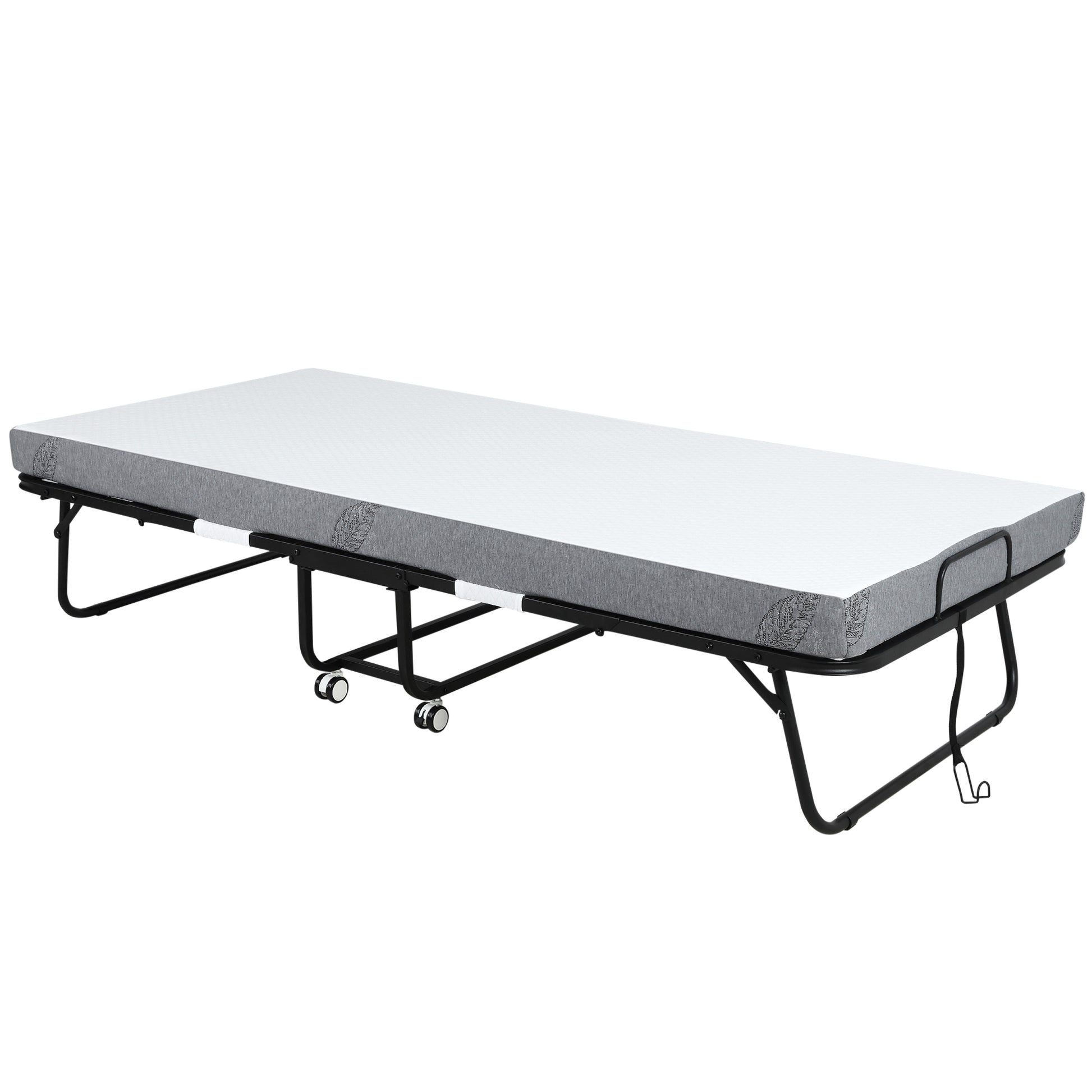 Folding Bed 200x90x42.5 cm Portable Camping Bed with Single Mattress Wheels and Brakes Load 150 kg for Bedroom Living Room Office White