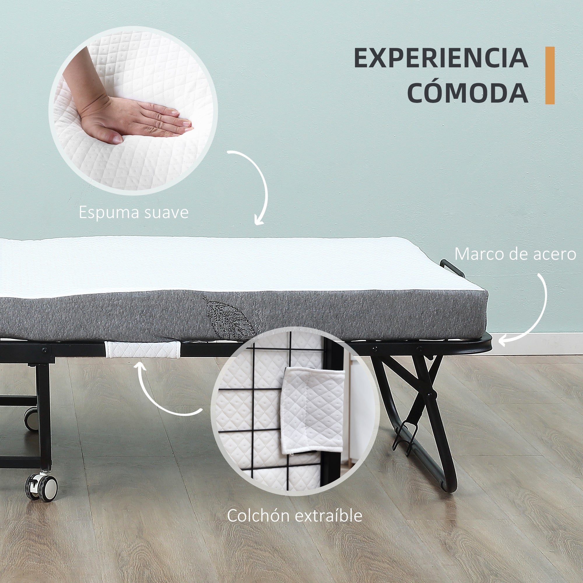 Folding Bed 200x90x42.5 cm Portable Camping Bed with Single Mattress Wheels and Brakes Load 150 kg for Bedroom Living Room Office White