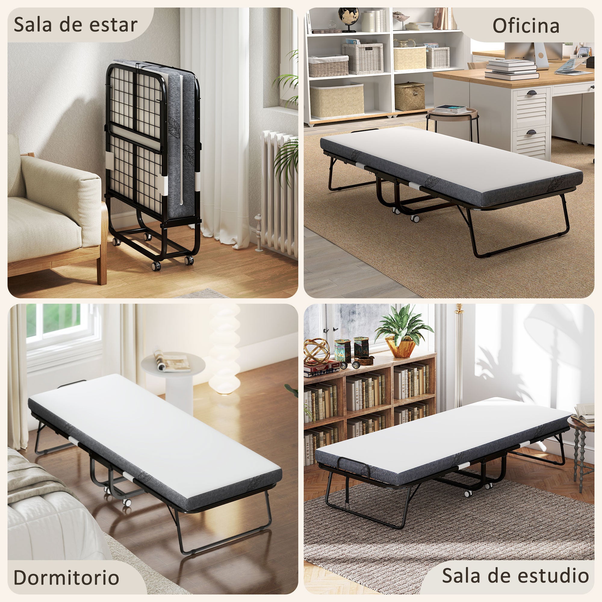 Folding Bed 200x90x42.5 cm Portable Camping Bed with Single Mattress Wheels and Brakes Load 150 kg for Bedroom Living Room Office White