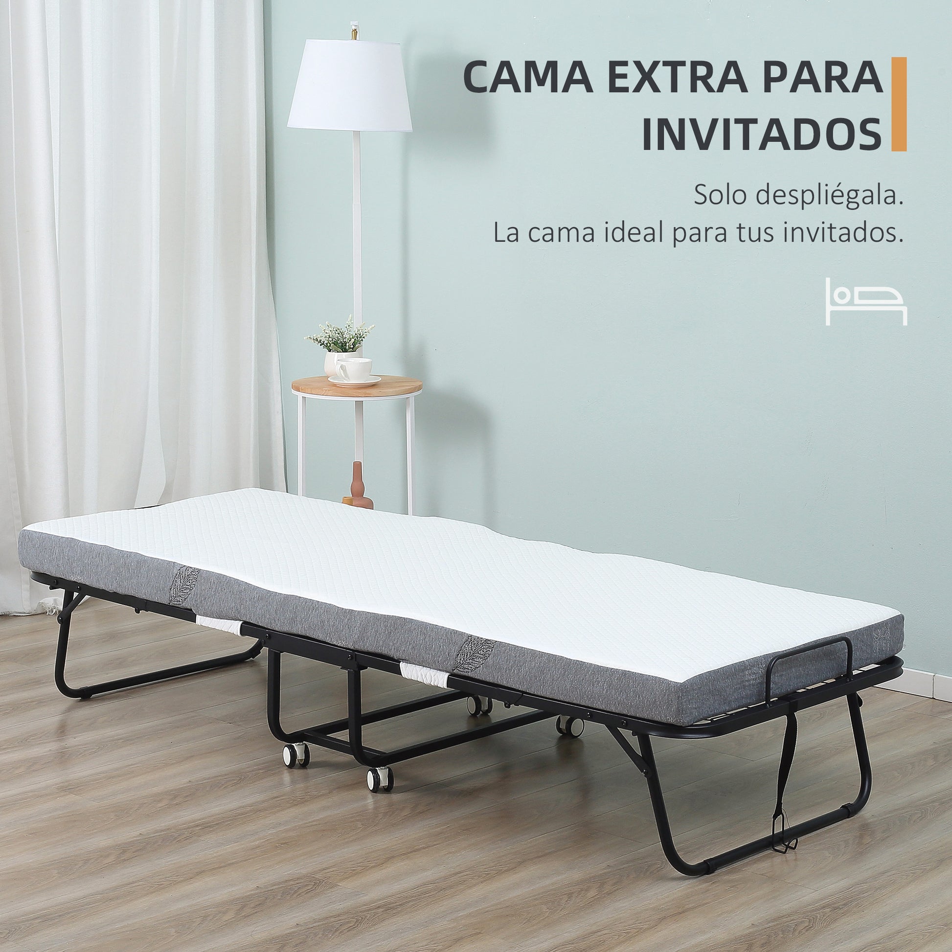 Folding Bed 200x90x42.5 cm Portable Camping Bed with Single Mattress Wheels and Brakes Load 150 kg for Bedroom Living Room Office White