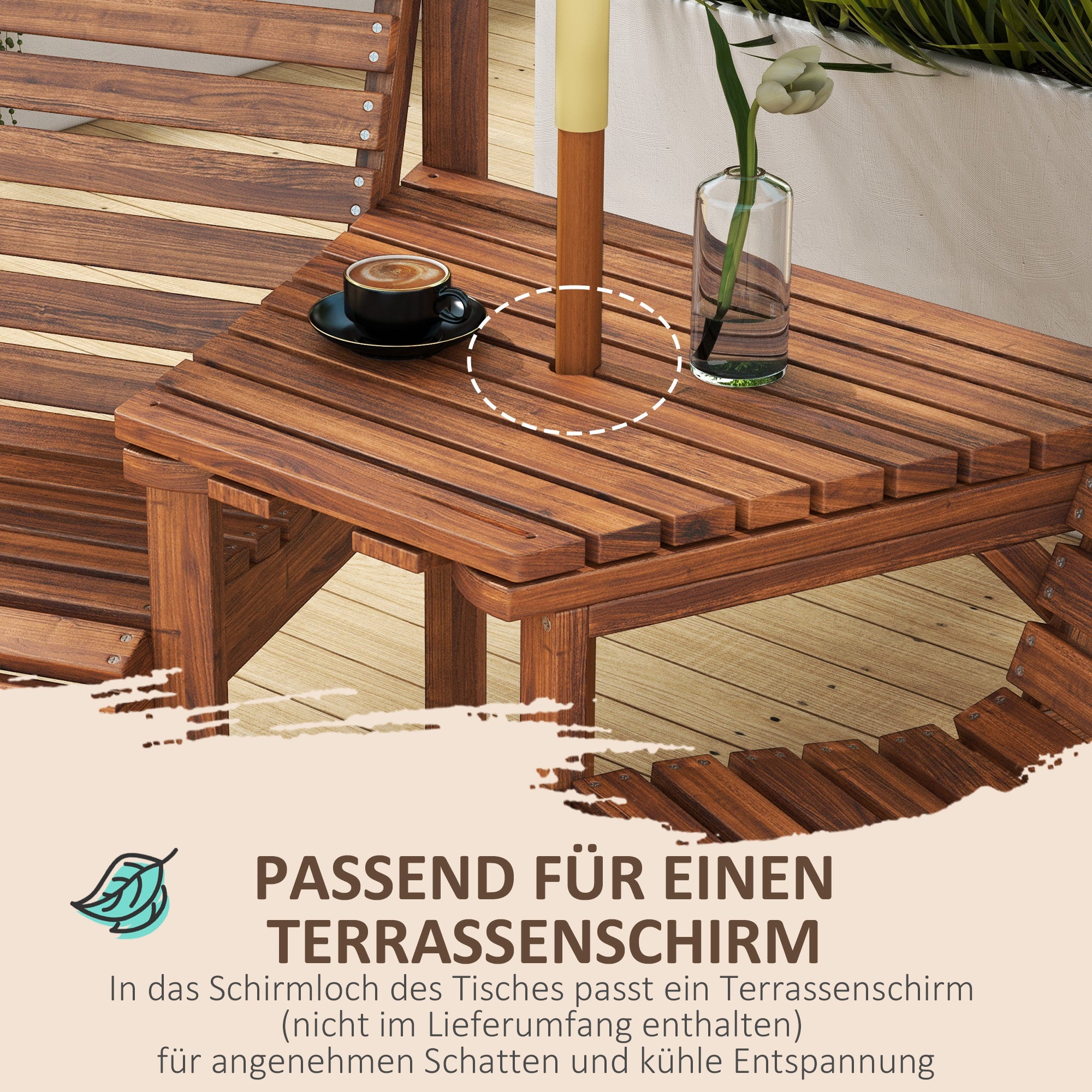 3-Piece Weatherproof Charred Pine Bistro Set — Slatted Design, Umbrella Hole, Outdoor Balcony Seating