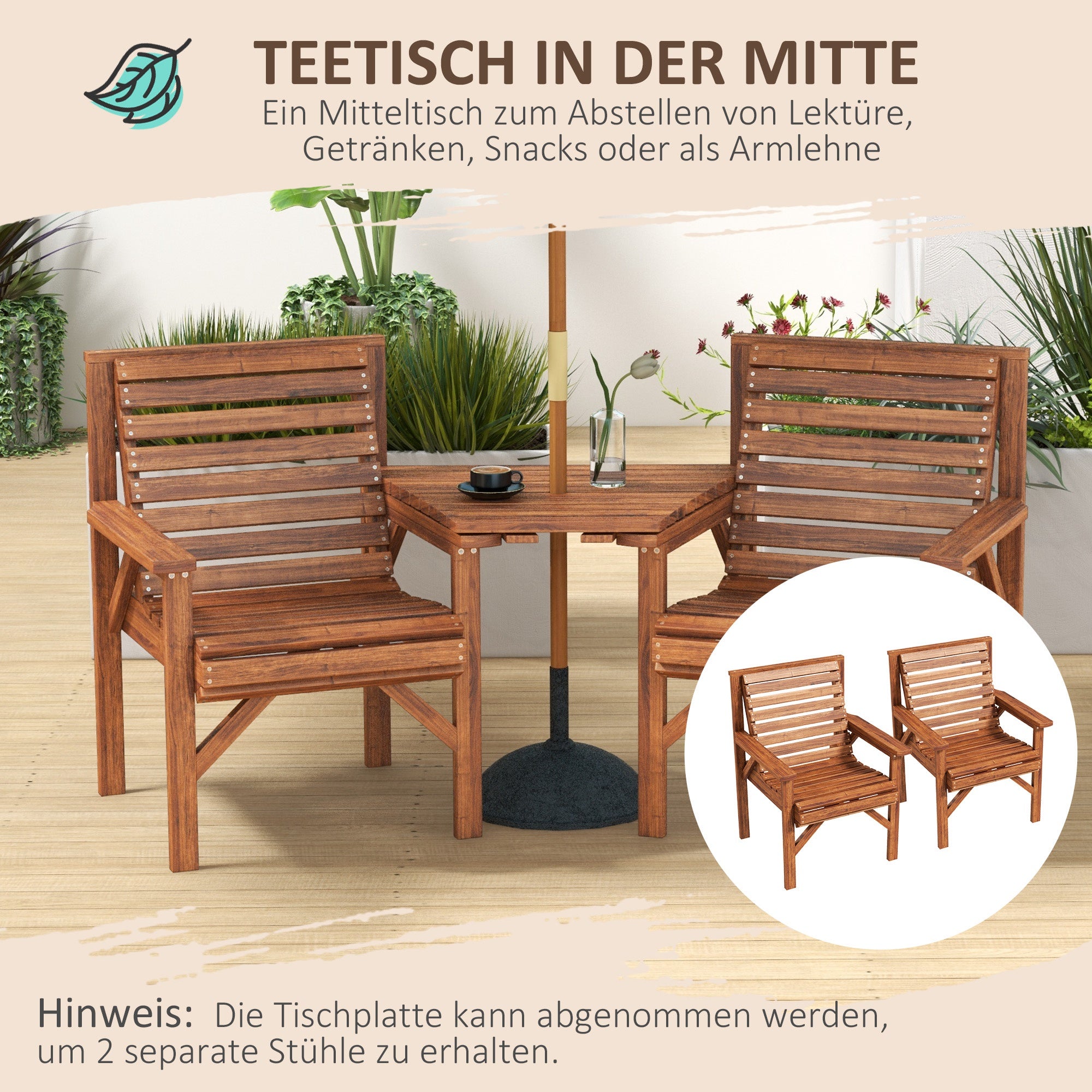 3-Piece Weatherproof Charred Pine Bistro Set — Slatted Design, Umbrella Hole, Outdoor Balcony Seating