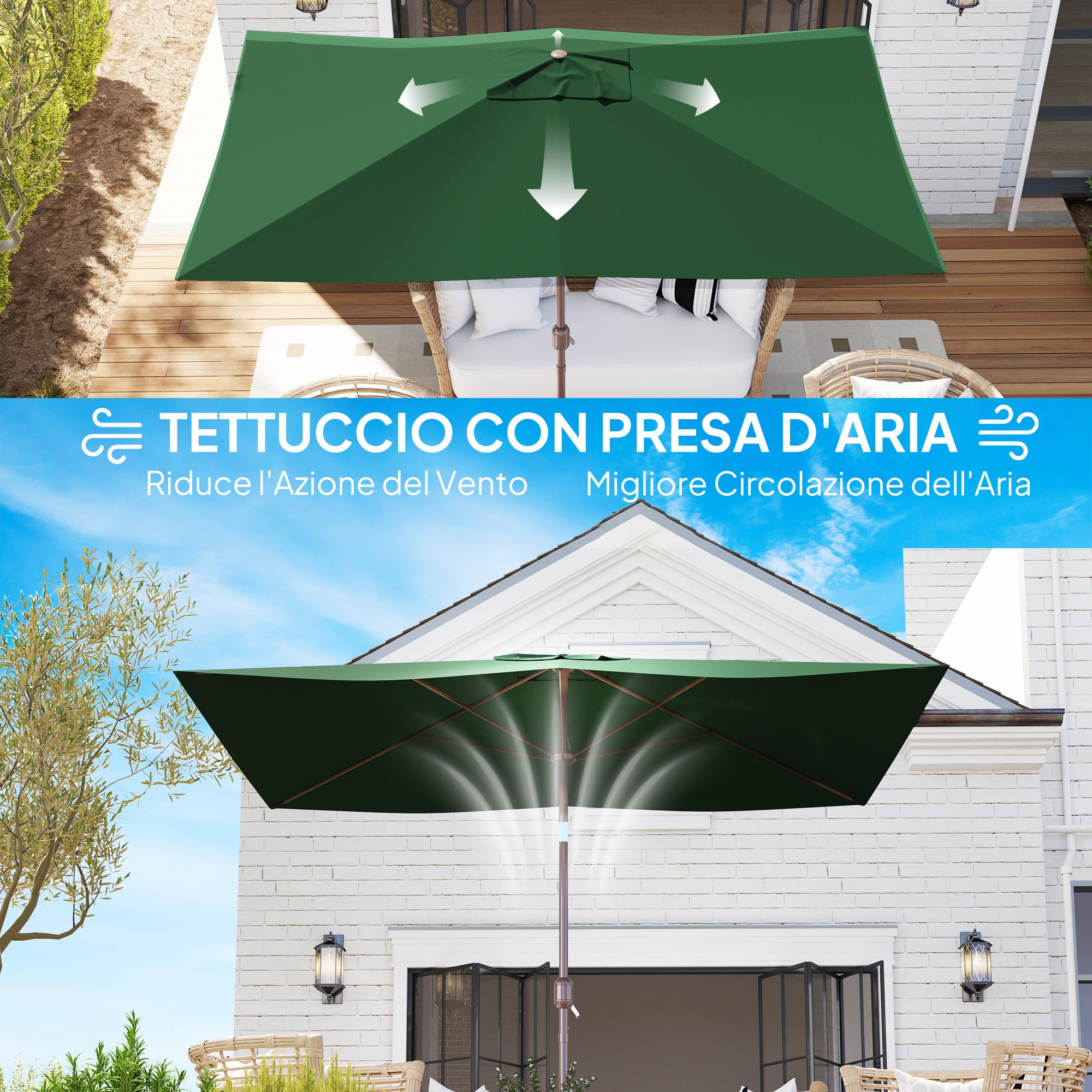 Replacement Canopy for Rectangular 3x2m Umbrellas with Ventilated Top, Sunshade Canopy Made of 180 g/m² Polyester, UV 50+ Protection, Green
