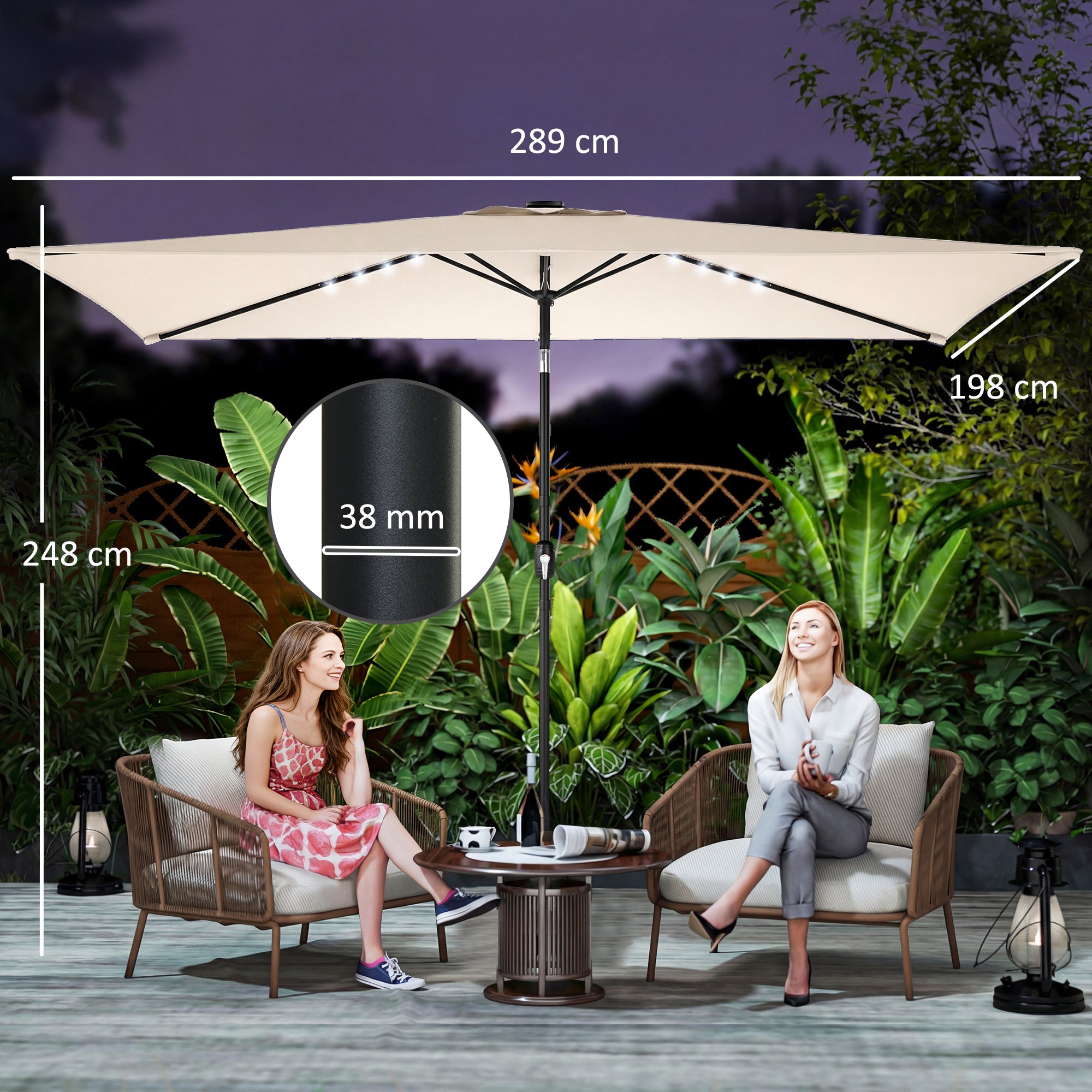 Outdoor Patio Umbrella, 9.5 x 8.2 ft, 24 Solar LED Lights, Tilt Canopy, Metal Pole, Cream