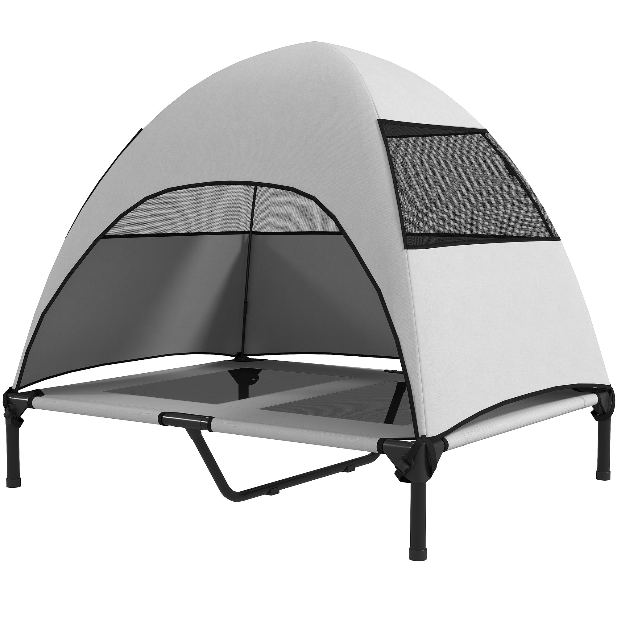 Outdoor Dog Bed with Canopy, Elevated Pet Cot for Large Dogs, Cooling Pet Lounger with Washable Mesh Metal Frame Carry Bag, Pet Bed for Outdoor Camping 91x76x90cm, Light Gray