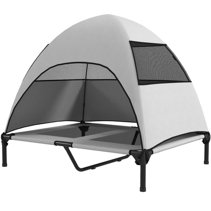 Outdoor Dog Bed with Canopy, Elevated Pet Cot for Large Dogs, Cooling Pet Lounger with Washable Mesh Metal Frame Carry Bag, Pet Bed for Outdoor Camping 91x76x90cm, Light Gray