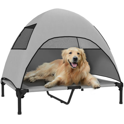 Outdoor Dog Bed with Canopy, Elevated Pet Cot for Large Dogs, Cooling Pet Lounger with Washable Mesh Metal Frame Carry Bag, Pet Bed for Outdoor Camping 91x76x90cm, Light Gray