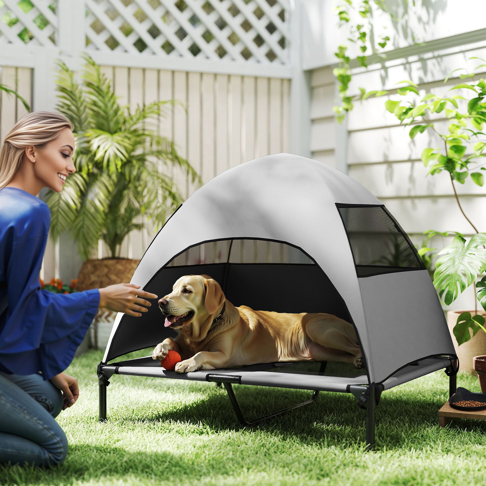 Outdoor Dog Bed with Canopy, Elevated Pet Cot for Large Dogs, Cooling Pet Lounger with Washable Mesh Metal Frame Carry Bag, Pet Bed for Outdoor Camping 91x76x90cm, Light Gray