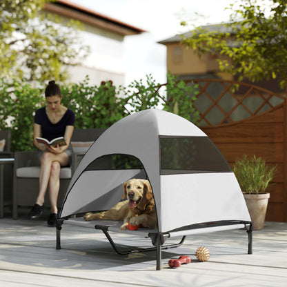 Outdoor Dog Bed with Canopy, Elevated Pet Cot for Large Dogs, Cooling Pet Lounger with Washable Mesh Metal Frame Carry Bag, Pet Bed for Outdoor Camping 91x76x90cm, Light Gray