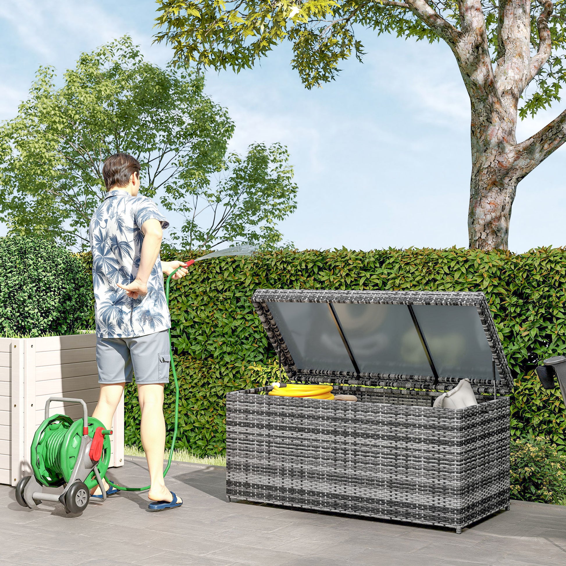 Rattan Cushion Box 380L Weatherproof Storage Box with Lid Built-in Handle Storage UV-resistant Garden Box Side Table Garden Chest for Garden Balcony 130x61x65 cm Dark Gray