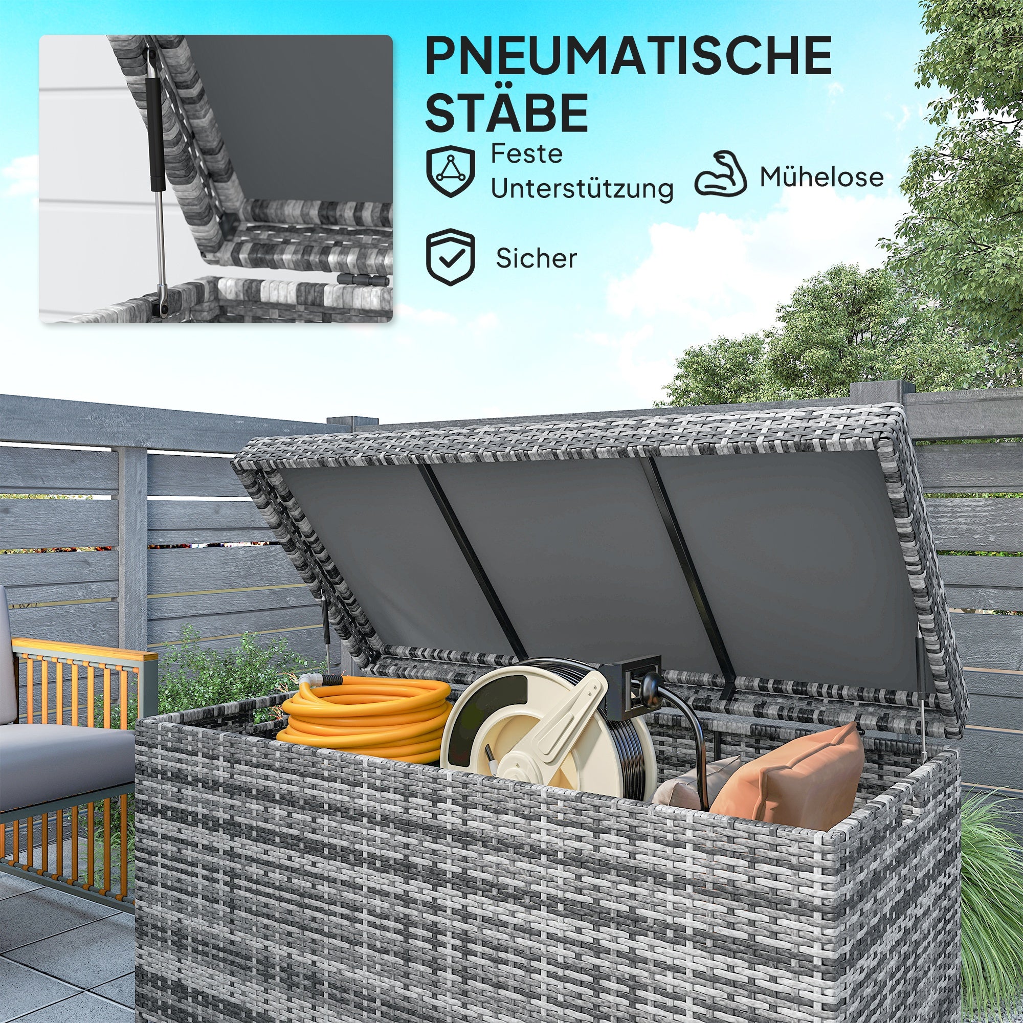 Rattan Cushion Box 380L Weatherproof Storage Box with Lid Built-in Handle Storage UV-resistant Garden Box Side Table Garden Chest for Garden Balcony 130x61x65 cm Dark Gray