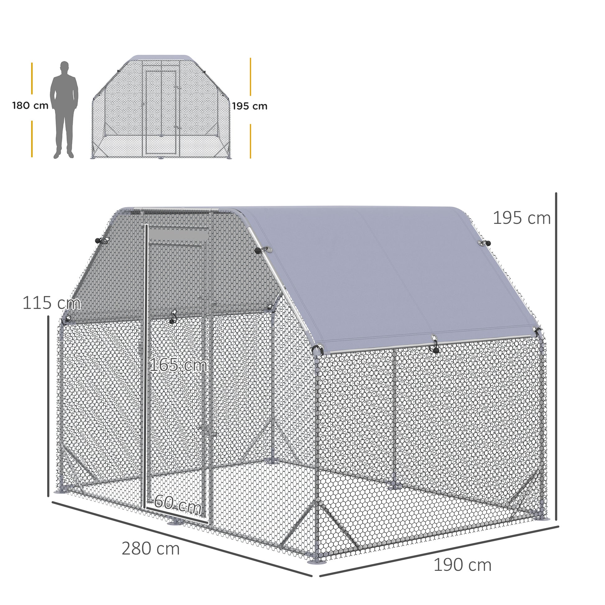 Chicken Coop with Cover, Steel Chicken Coop with Lock, 280x190x195 cm