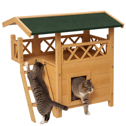 Cat House with Asphalt Roof, 2-Story, Cat Cottage with Balcony, Cat Villa with Stairs, Solid Wood, Natural, 77 x 50 x 73 cm