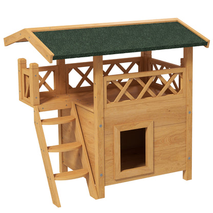Cat House with Asphalt Roof, 2-Story, Cat Cottage with Balcony, Cat Villa with Stairs, Solid Wood, Natural, 77 x 50 x 73 cm