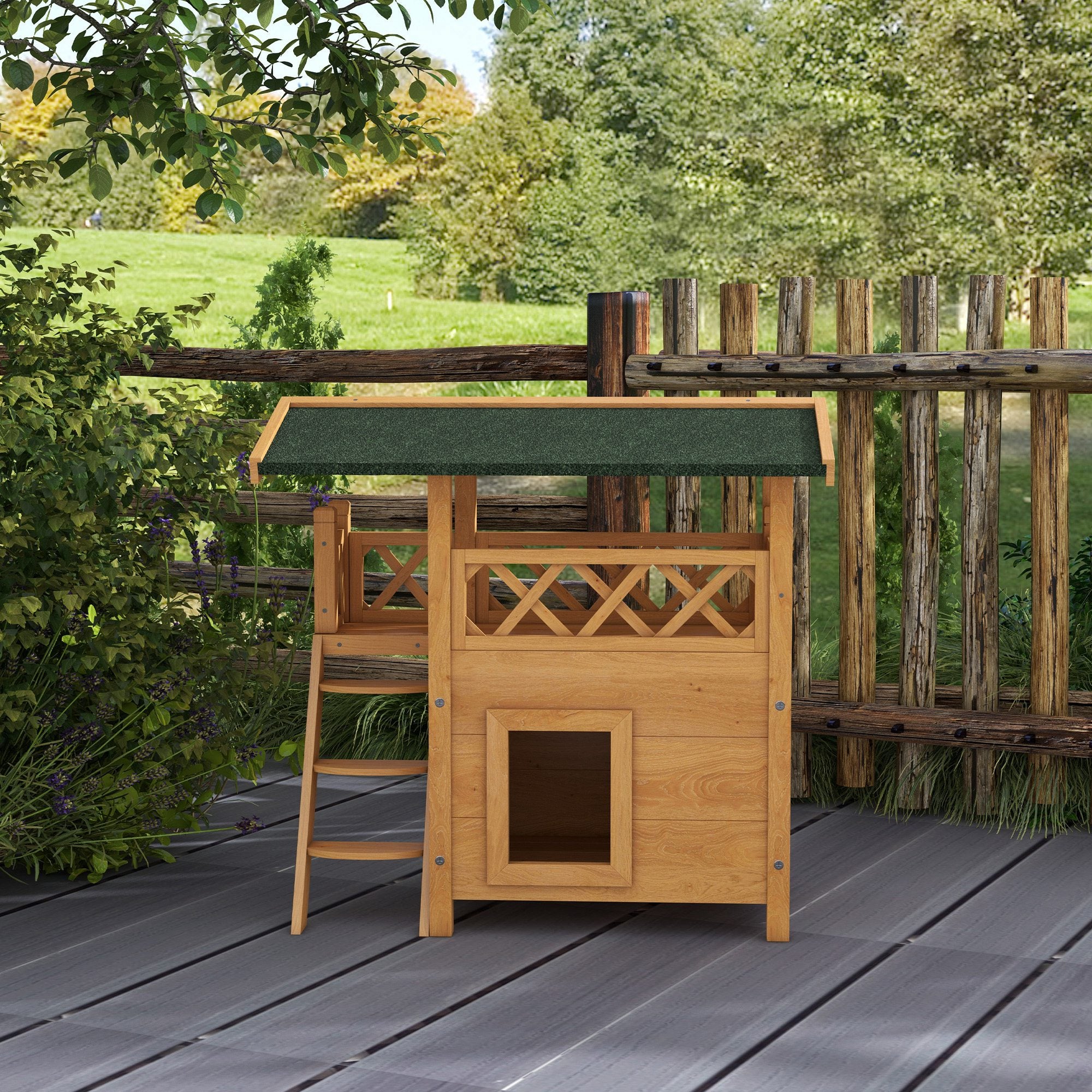 Cat House with Asphalt Roof, 2-Story, Cat Cottage with Balcony, Cat Villa with Stairs, Solid Wood, Natural, 77 x 50 x 73 cm