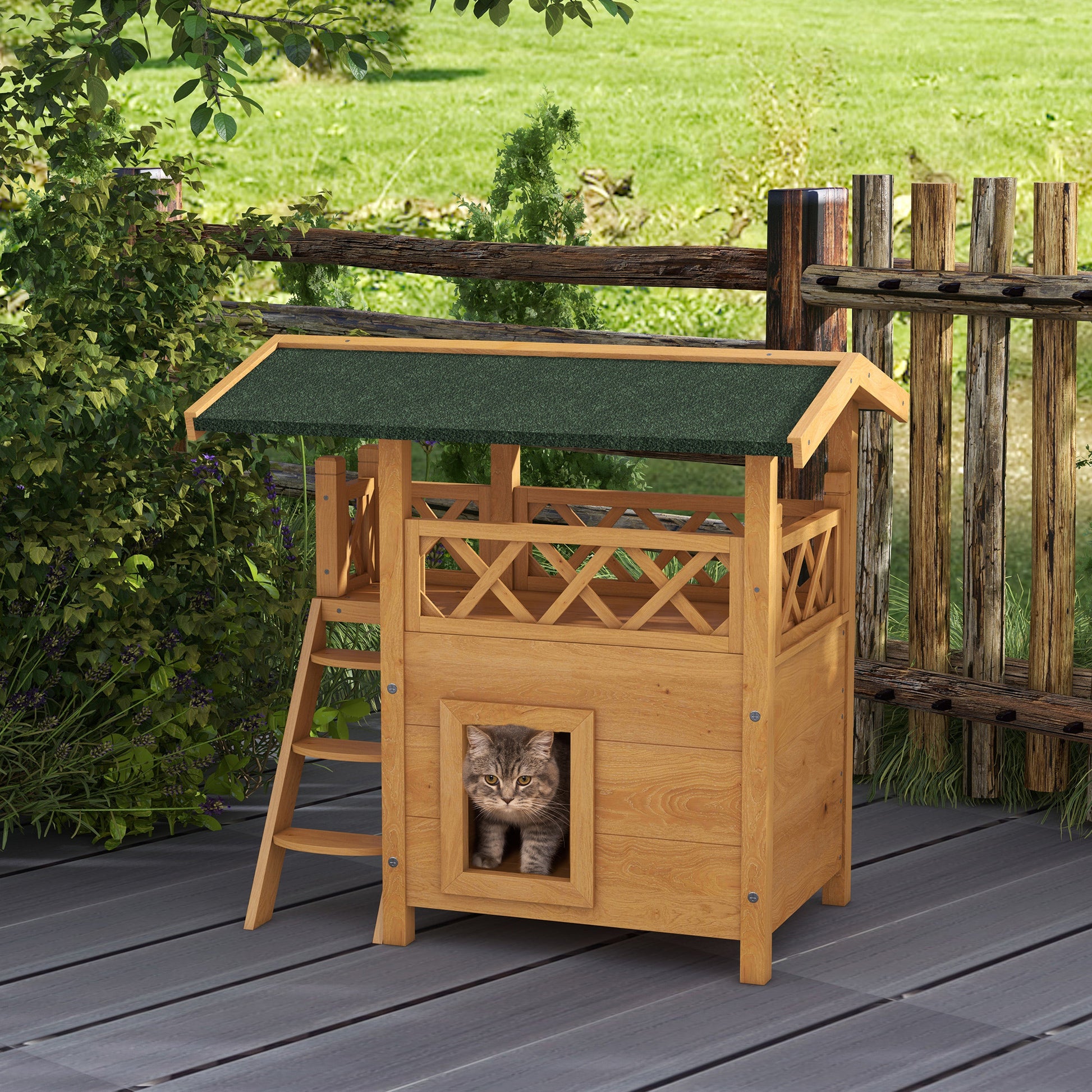 Cat House with Asphalt Roof, 2-Story, Cat Cottage with Balcony, Cat Villa with Stairs, Solid Wood, Natural, 77 x 50 x 73 cm