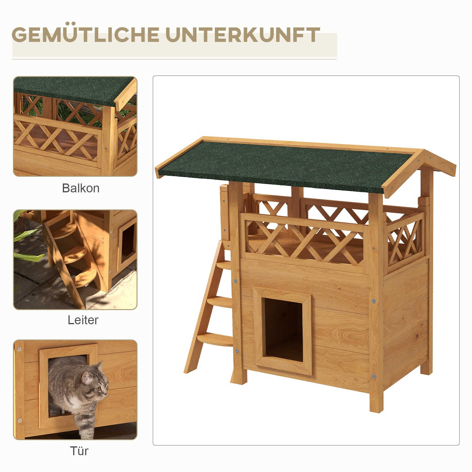 Cat House with Asphalt Roof, 2-Story, Cat Cottage with Balcony, Cat Villa with Stairs, Solid Wood, Natural, 77 x 50 x 73 cm