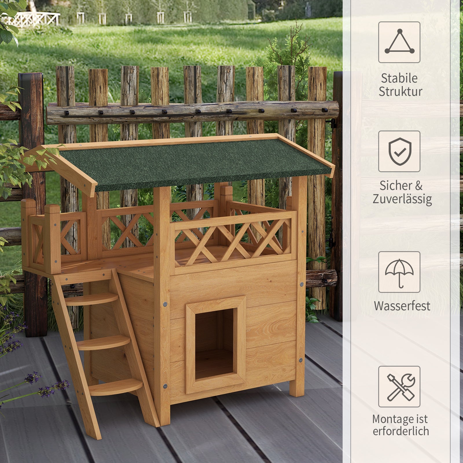 Cat House with Asphalt Roof, 2-Story, Cat Cottage with Balcony, Cat Villa with Stairs, Solid Wood, Natural, 77 x 50 x 73 cm