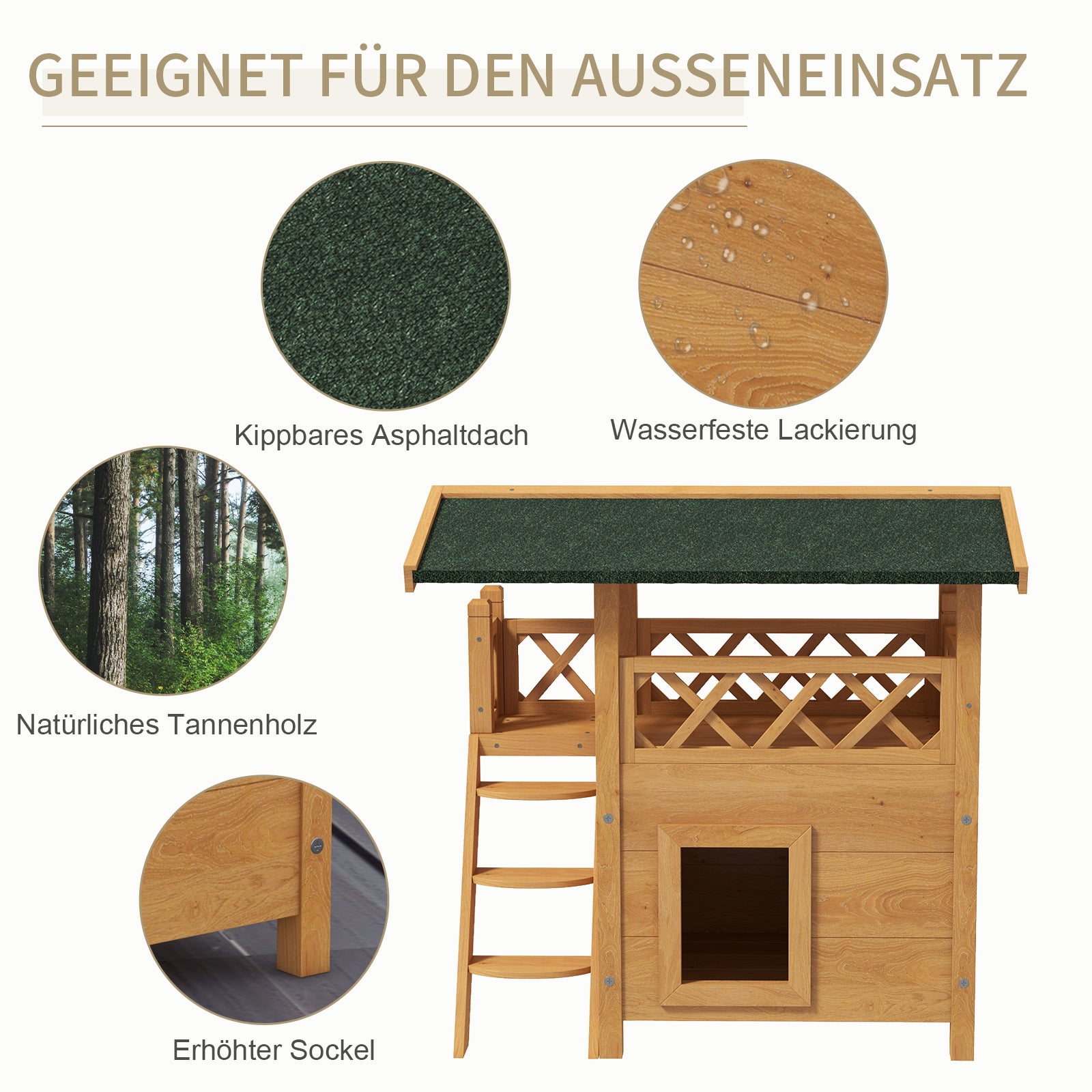 Cat House with Asphalt Roof, 2-Story, Cat Cottage with Balcony, Cat Villa with Stairs, Solid Wood, Natural, 77 x 50 x 73 cm