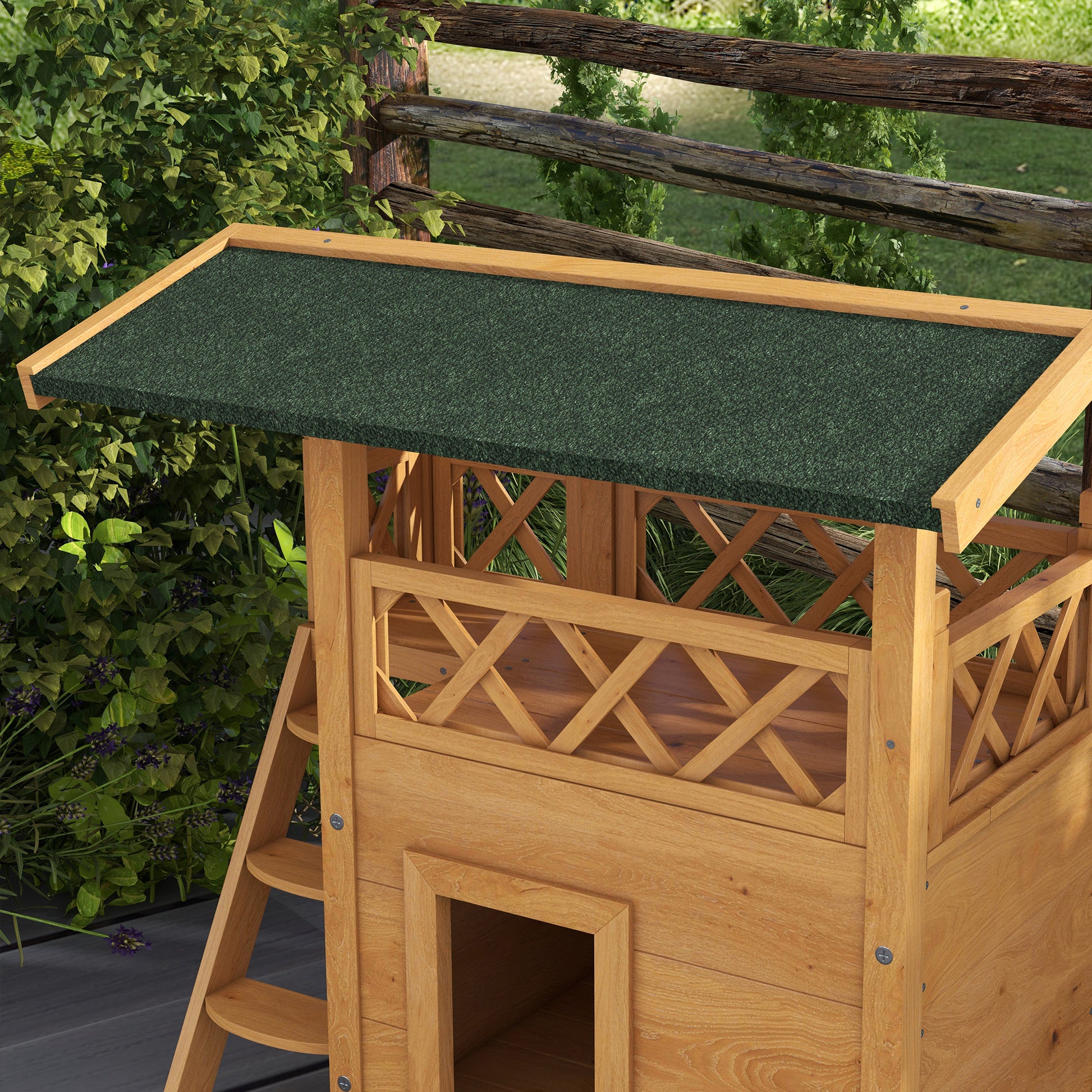 Cat House with Asphalt Roof, 2-Story, Cat Cottage with Balcony, Cat Villa with Stairs, Solid Wood, Natural, 77 x 50 x 73 cm
