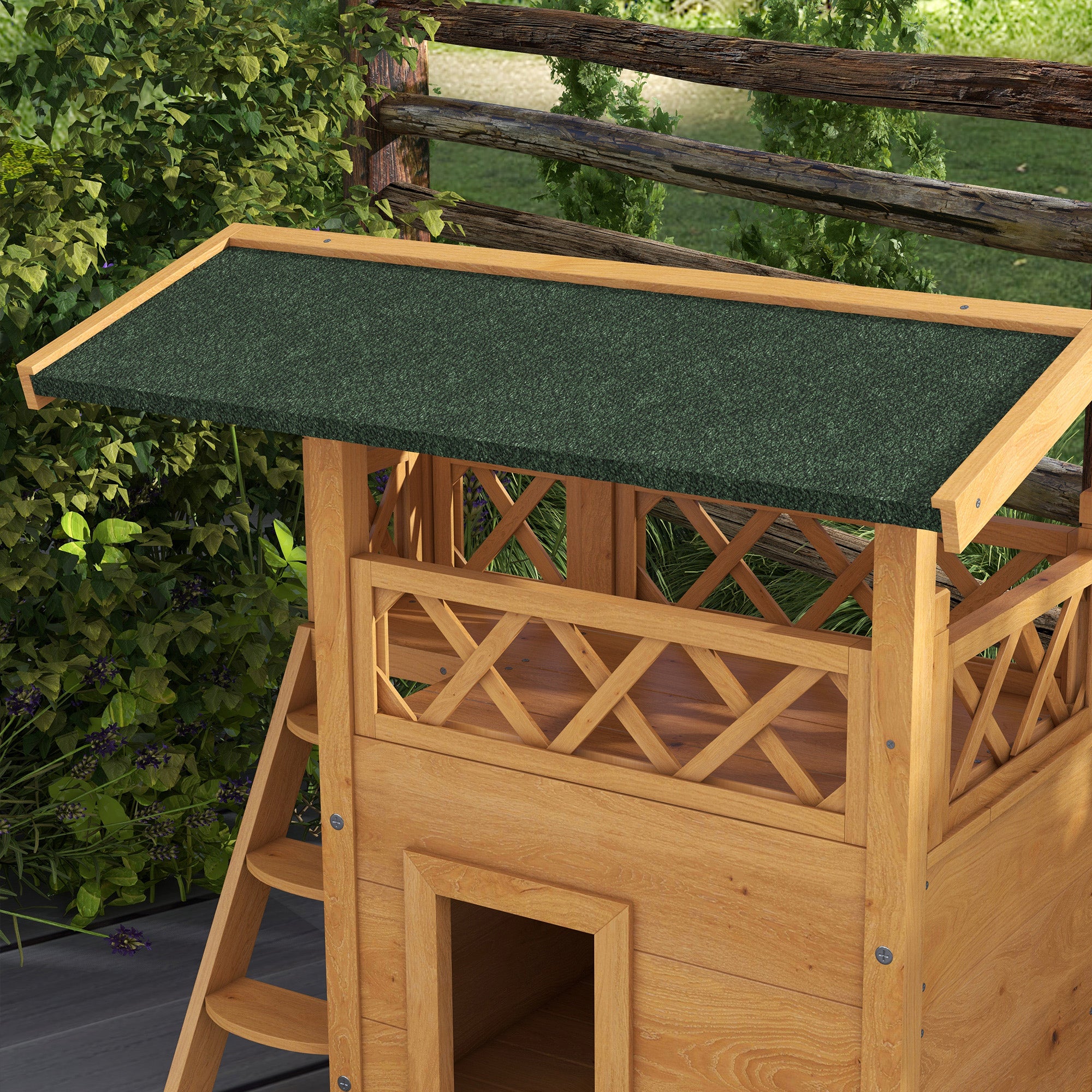 Cat House with Asphalt Roof, 2-Story, Cat Cottage with Balcony, Cat Villa with Stairs, Solid Wood, Natural, 77 x 50 x 73 cm