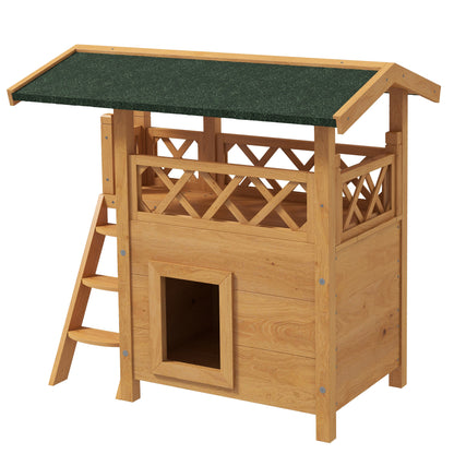 Cat House with Asphalt Roof, 2-Story, Cat Cottage with Balcony, Cat Villa with Stairs, Solid Wood, Natural, 77 x 50 x 73 cm