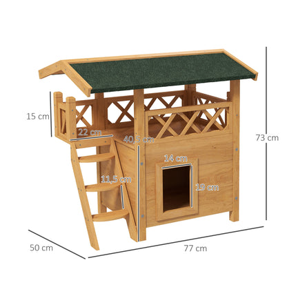 Cat House with Asphalt Roof, 2-Story, Cat Cottage with Balcony, Cat Villa with Stairs, Solid Wood, Natural, 77 x 50 x 73 cm