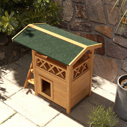 Cat House with Asphalt Roof, 2-Story, Cat Cottage with Balcony, Cat Villa with Stairs, Solid Wood, Natural, 77 x 50 x 73 cm