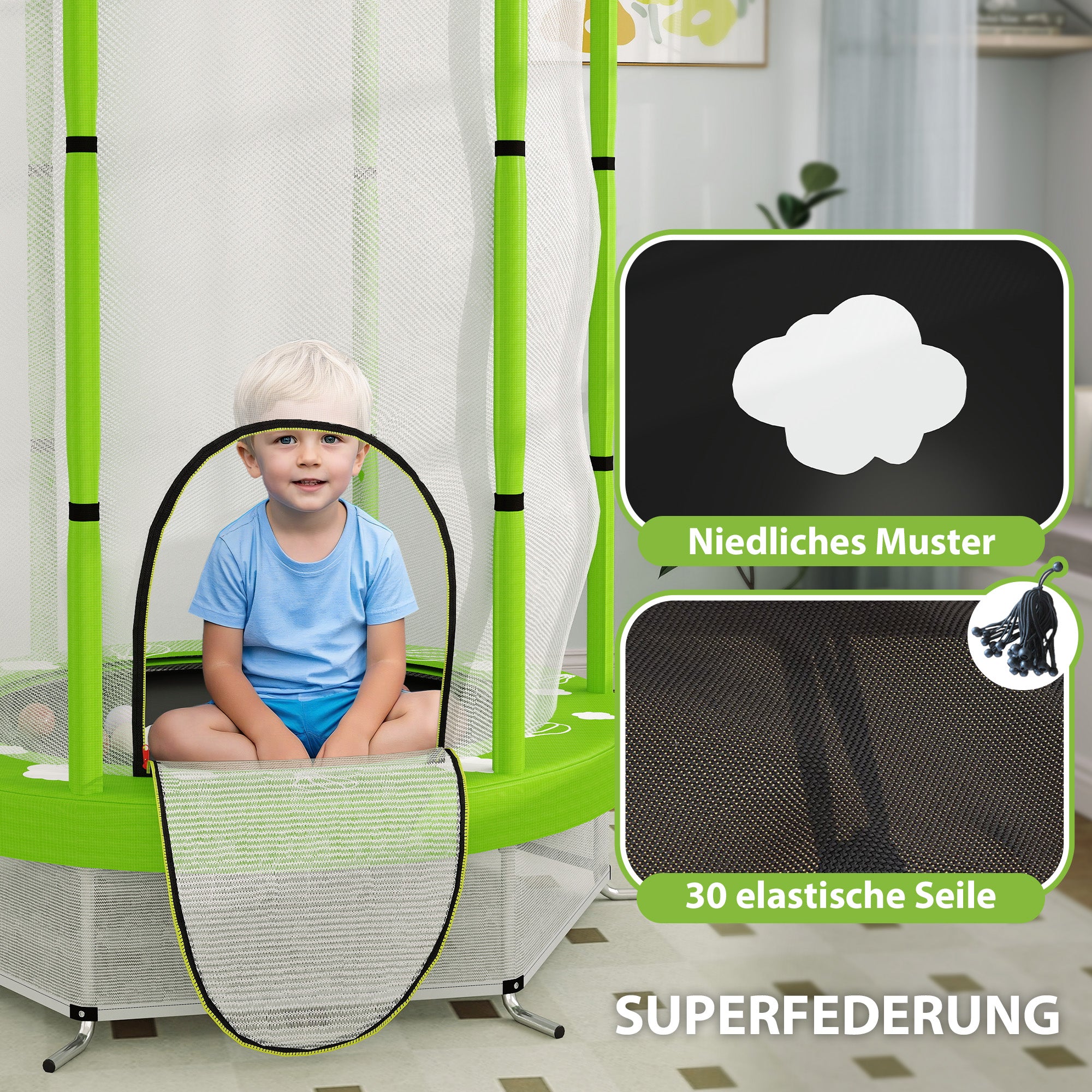 Kids Trampoline Ø140cm Outdoor Trampoline for Kids with Safety Net Zipper Bungee Cord Edge Cover, Garden Trampoline with Cloud Pattern, for Indoor and Outdoor