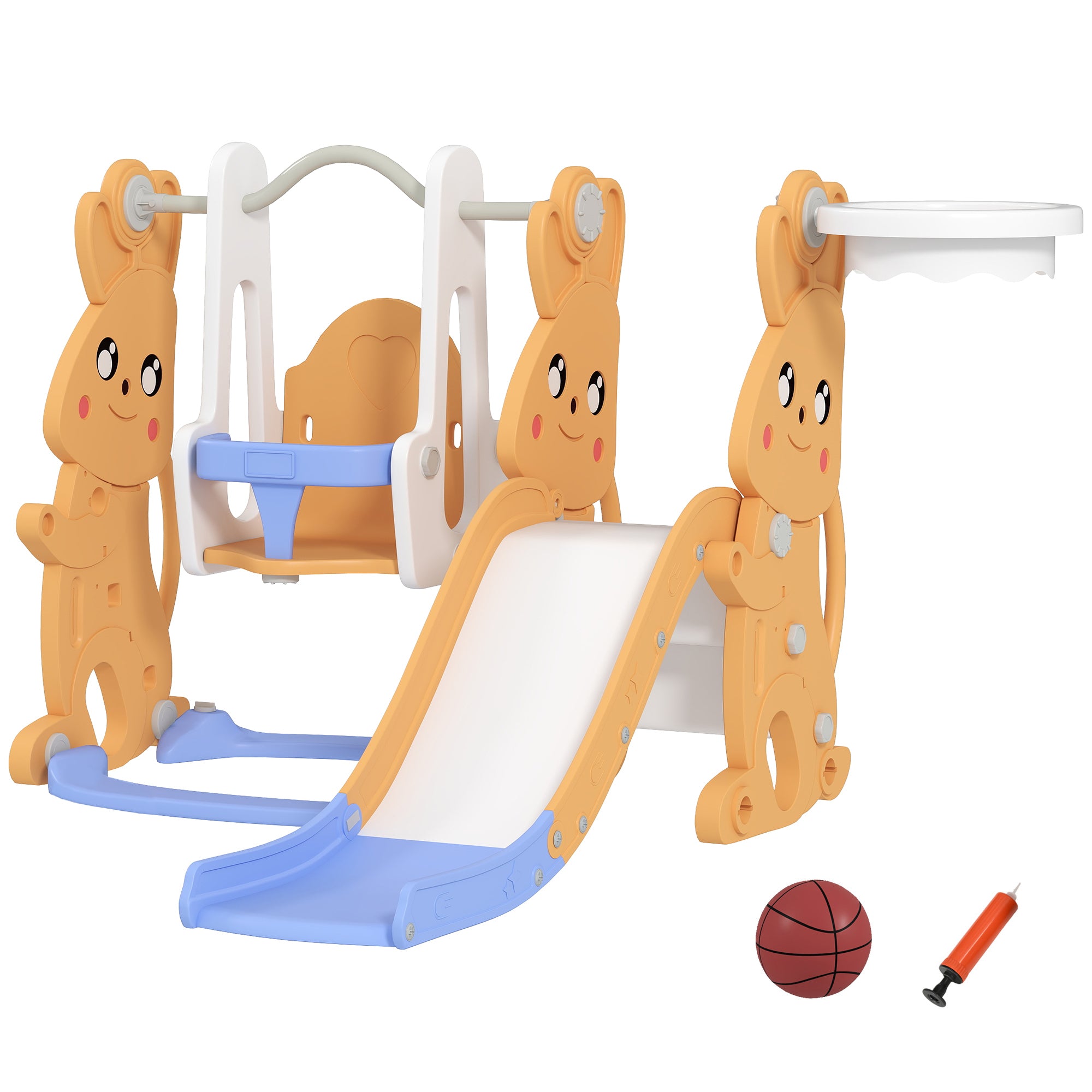 Children's Slide 4 in 1 Swing and Slide Climber Basketball Hoop Rabbit Theme Playground for Indoor and Outdoor Orange