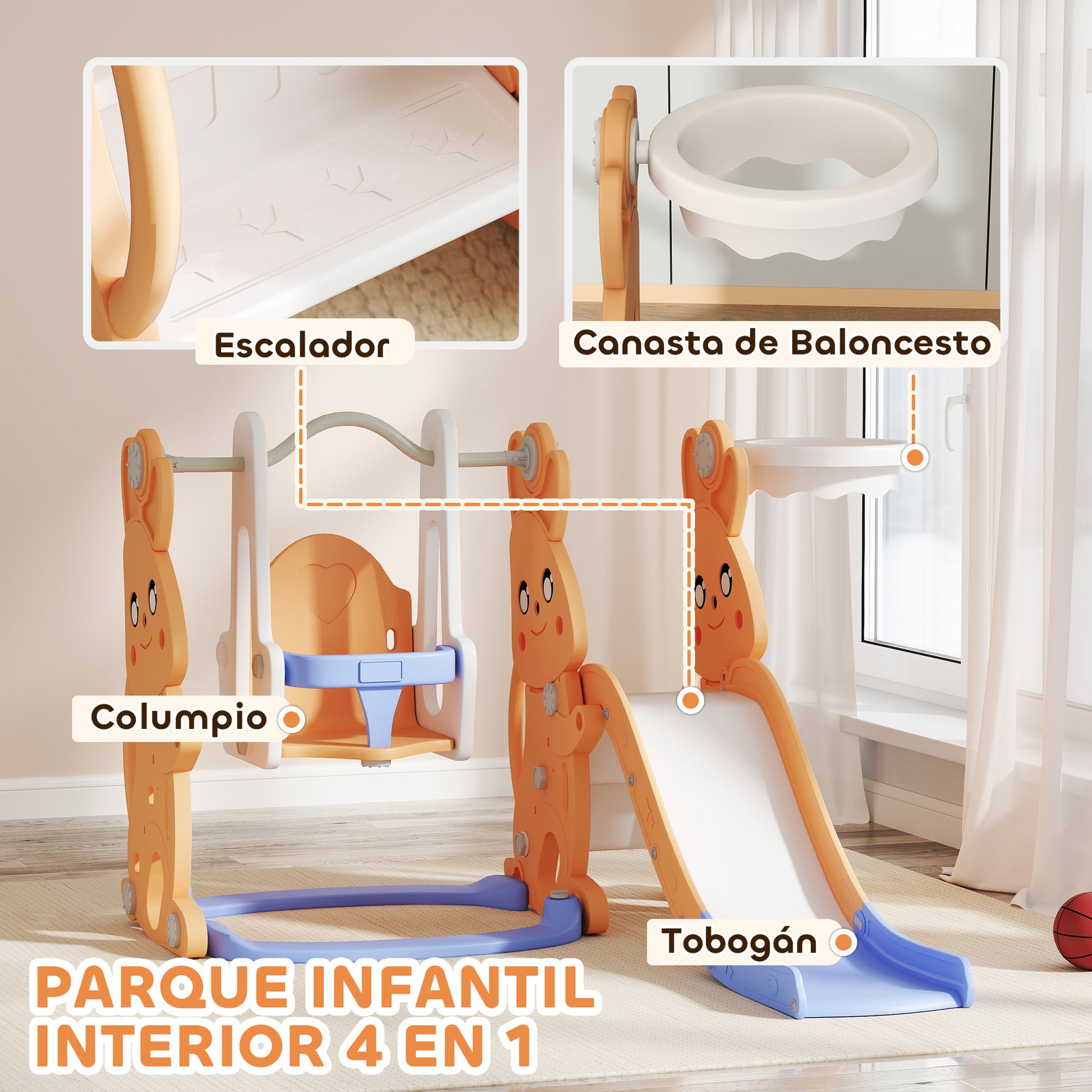 Children's Slide 4 in 1 Swing and Slide Climber Basketball Hoop Rabbit Theme Playground for Indoor and Outdoor Orange