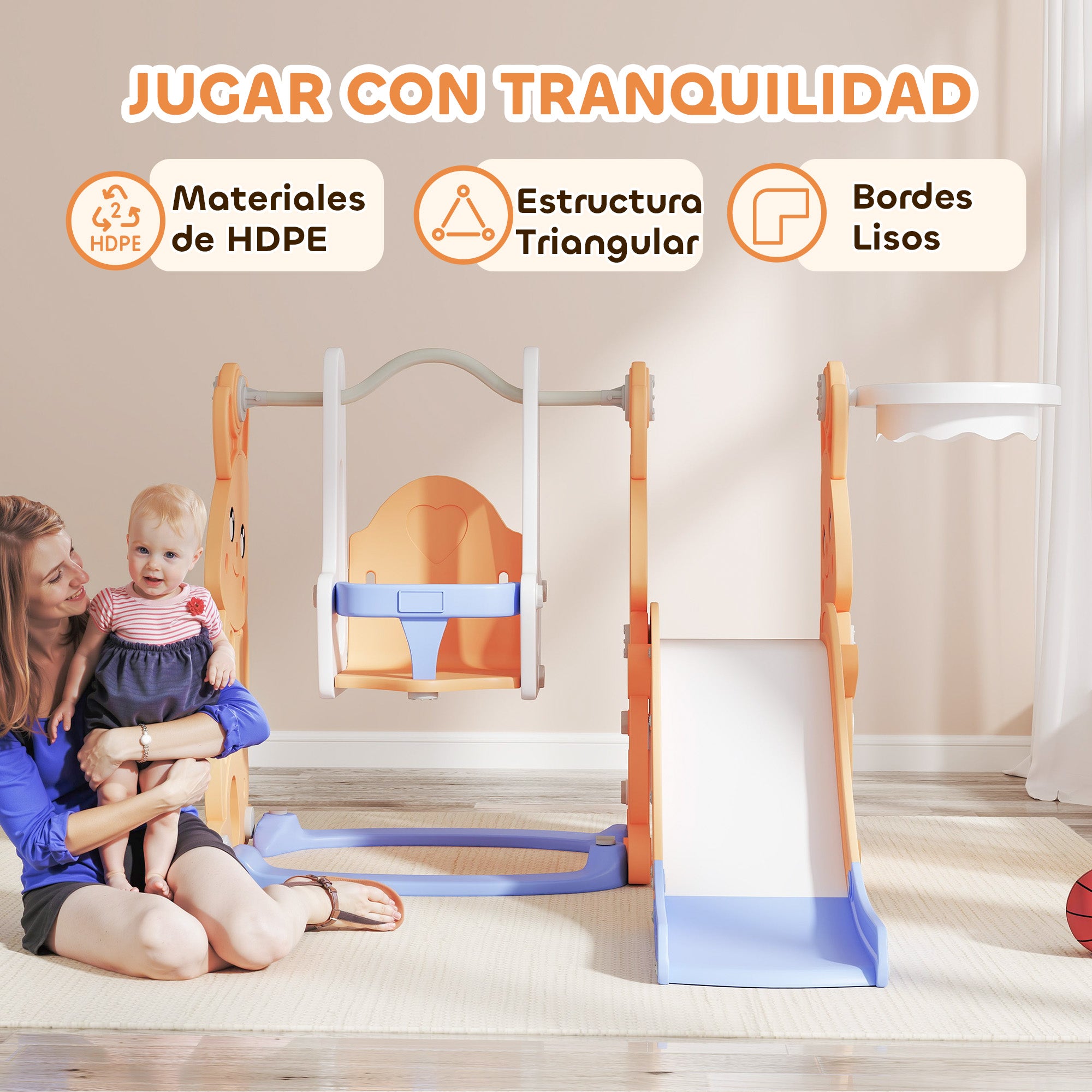 Children's Slide 4 in 1 Swing and Slide Climber Basketball Hoop Rabbit Theme Playground for Indoor and Outdoor Orange