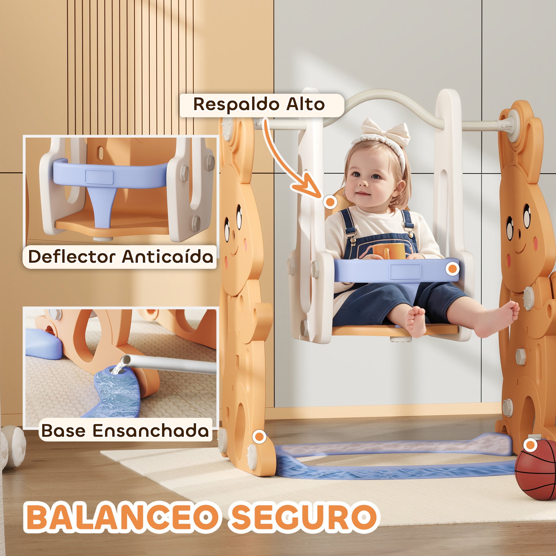 Children's Slide 4 in 1 Swing and Slide Climber Basketball Hoop Rabbit Theme Playground for Indoor and Outdoor Orange